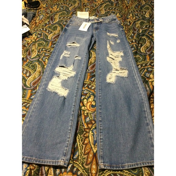 Disclosure Low Rise Wide Leg Distressed Jeans NYC Leopard Patch Blue 00/23 - Picture 2 of 6